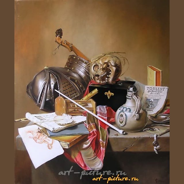 Still life with helmet, canvas/oil