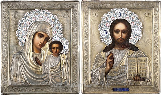 PAIR OF WEDDING ICONS WITH SILVER OKLAD: MOTHER OF GOD OF KASA...