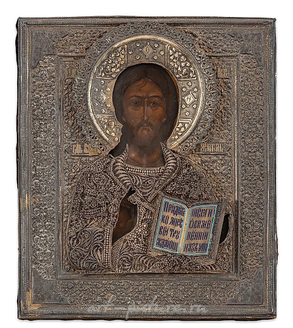 ИКОНА, ИЗОБРАЖАЮЩАЯ ХРИСТА, С СЕРЕБРЯНОЙ РИЗОЙ