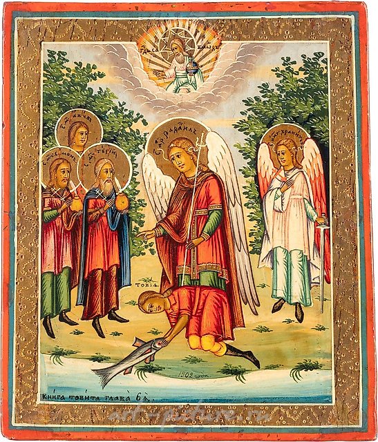 Редкая икона с изображением Архангела Рафаила.
