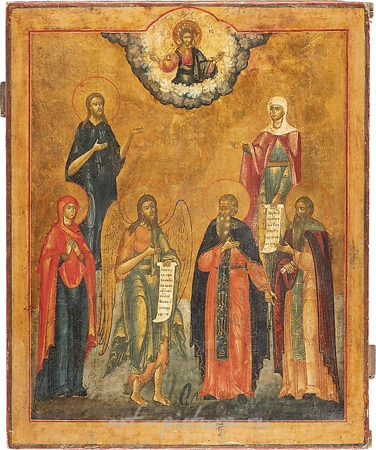 A VERY LARGE ICON SHOWING SIX PATRON SAINTS, STS. JOHN THE