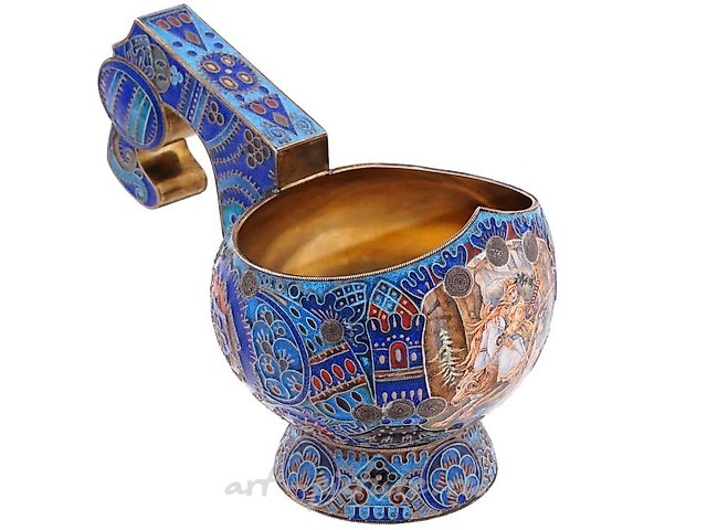 Русская серебряная ковш с эмалью по клеточкам 84 пробы