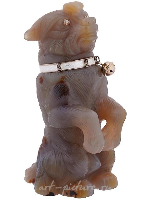 RUSSIAN CARVED AGATE GOLD SILVER DIAMOND DOG FIGURE