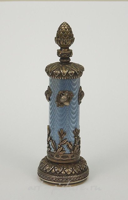 RUSSIAN FABERGE SILVER & GUILLOCHE ENAMELED, JEWELED CANE HANDLE...