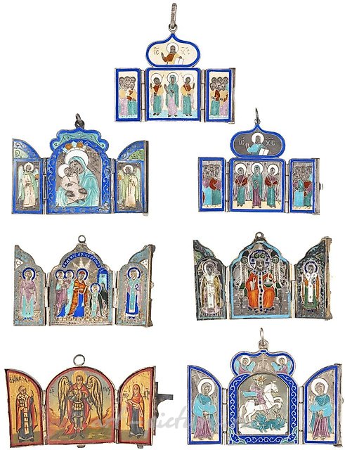A SILVER AND ENAMEL PENDANT CROSS AND THREE TRIPTYCHS