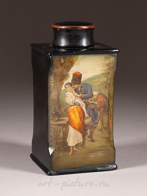 A PAPIER-MACHÉ AND LACQUER BOX WITH LOVERS