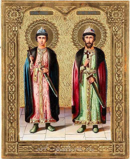Маленькая икона, изображающая святых Бориса и Глеба. Россия, около 190 года.