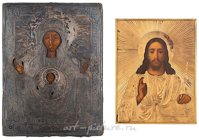 TWO ICONS SHOWING CHRIST PANTOKRATOR WITH A SILVER...