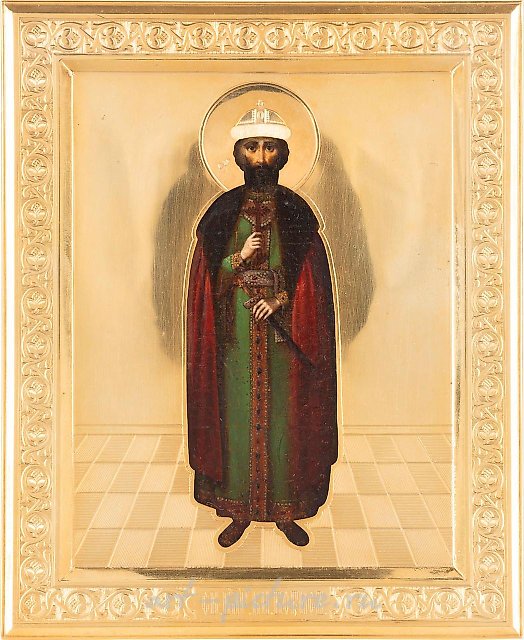 Маленькая икона, изображающая святого Бориса с серебряно-золотой ризой.