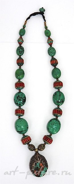 Колье из коралла, малахита, турмалина и серебра