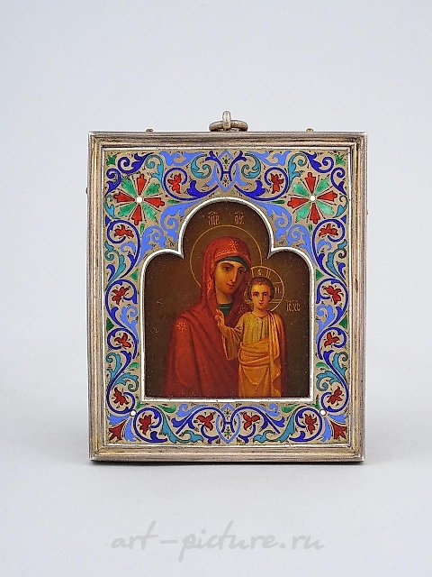 A RUSSIAN ORTHODOX GILT SILVER AND CLOISONNE ENAMEL ICON, 19...