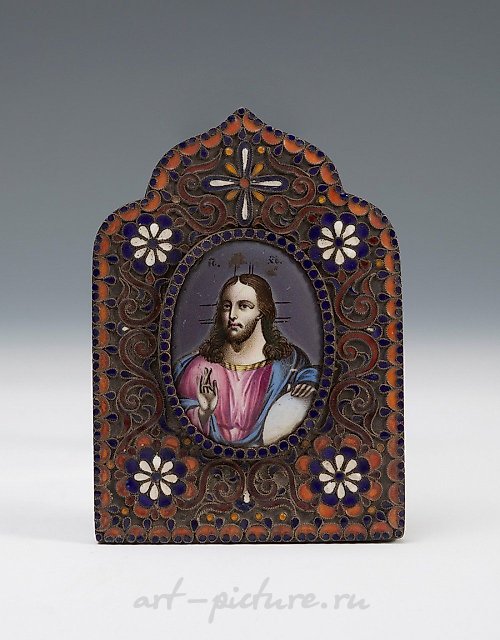 Small Russian travel icon, ca.1900. "Salvator Mundi". Silver...