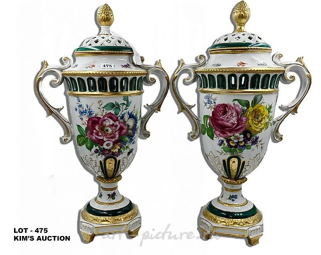 Pair Royal Vienna floral porcelain & gilt decorated 2 handle...