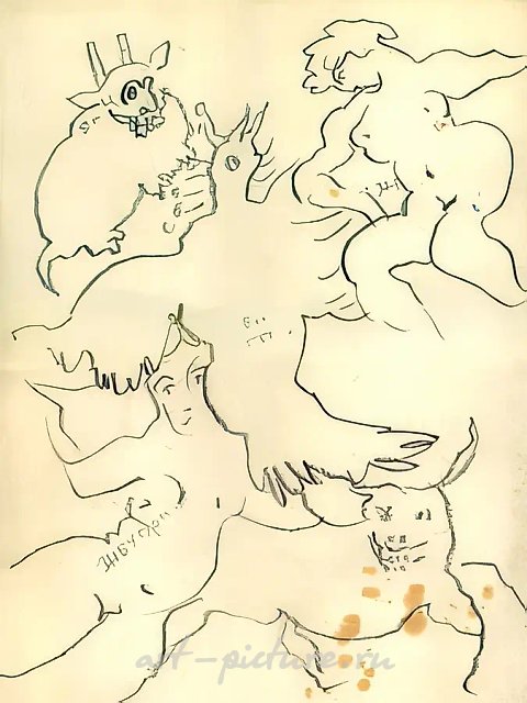 А. Зверев. Фантасмагория птиц, женщин и животных, 1955, бумага, карандаш, 50x38