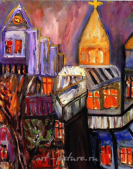 Старый Тбилиси ночью, 1995, смешанная техника на картоне, 60x40