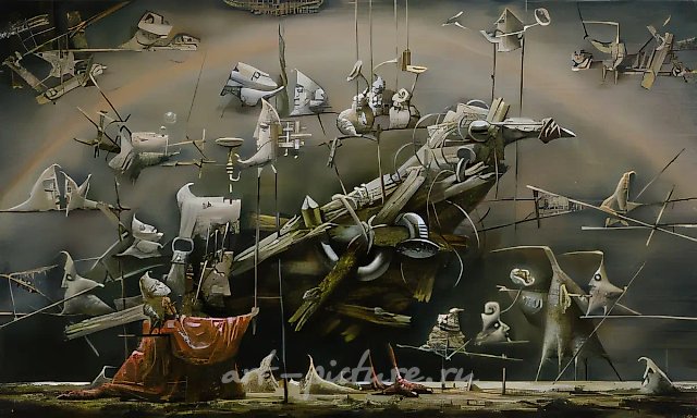 捕鸟者的梦，1996年，木材、蛋胶、油画，57x95