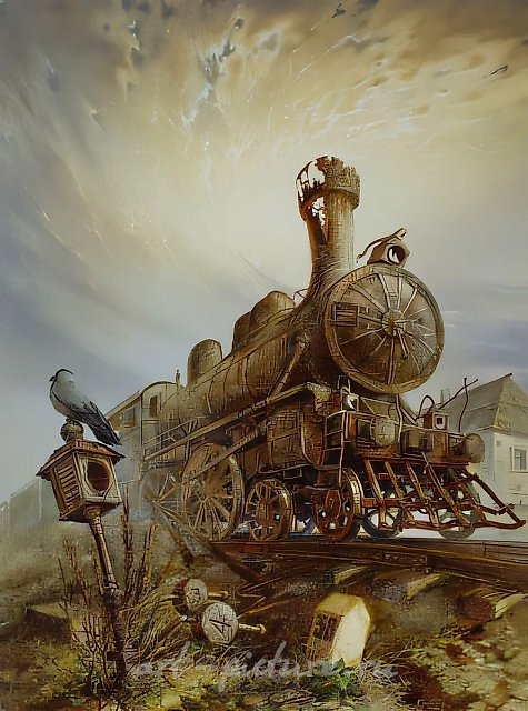 《蒸汽机车系列》。在侧线。1999年，布面油画，80x60厘米。私人收藏。俄罗斯。