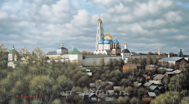 Вид на Троице-Сергиев монастырь, 1997, мелок на картоне, 63x112