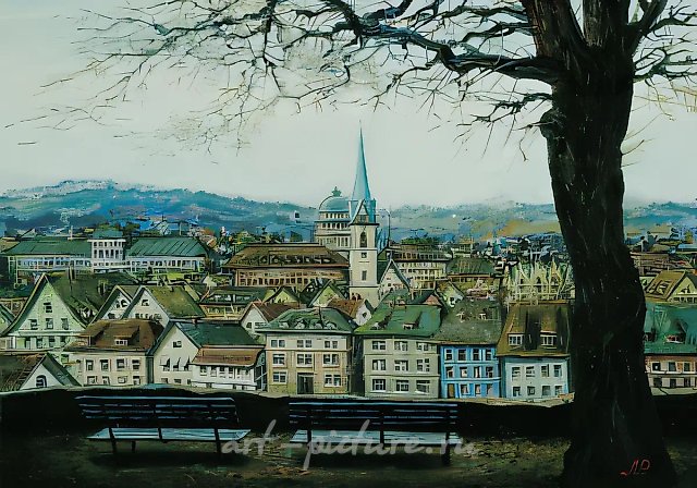 Вид на Цюрих с набережной, 1999, масло на холсте, 25x35