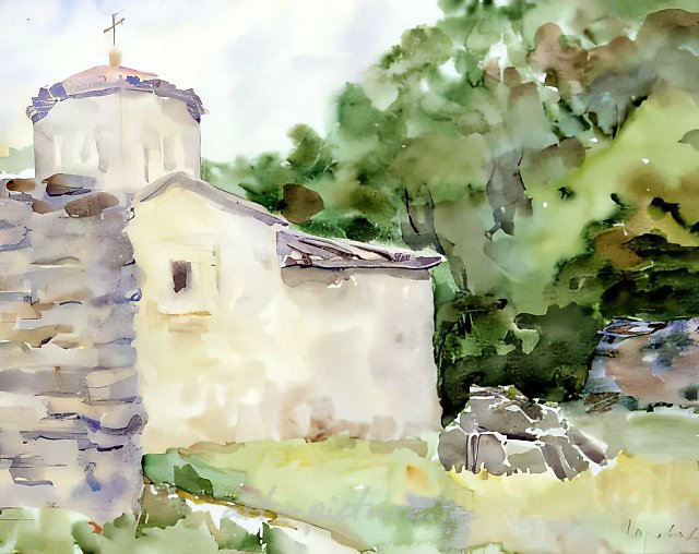 Монастырь в горах, 2000, акварель, бумага, 33x44, $500. Собственность автора