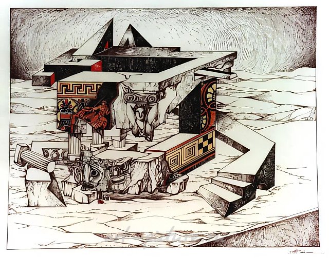 Unfinished myth. Series "Playing with bricks", 2000, coloured ink, paper, pen, 40х50, $950