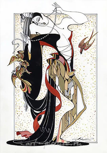Spiral. Birds-IV. Series "Masks and costumes", 2001, ink, paper, pen, acrylic, 40х30, $240