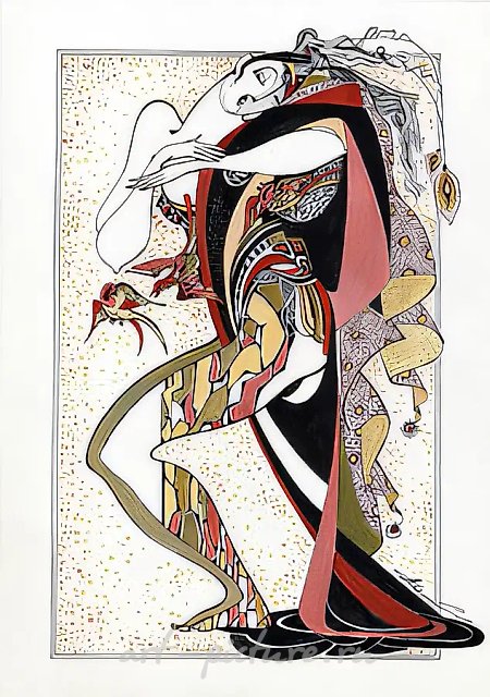 Slipping away shadow. Birds-III. Series "Masks and costumes", 2001, ink, paper, pen, acrylic, 40x30, $240