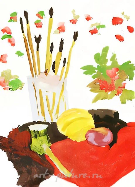 Still life on red table-cloth, 1999, board, gouache, 40x30
