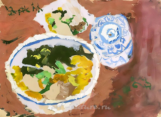 Still life. The dishes, 1999, board, gouache, plasticine, 30x40