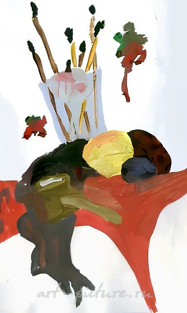 Still life. Brushes and fruits, 1999, board, gouache, 45x30