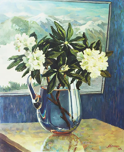 А. Оranskaya. Rhododendrons, 0, oil on canvas,   Privat collection. Russia