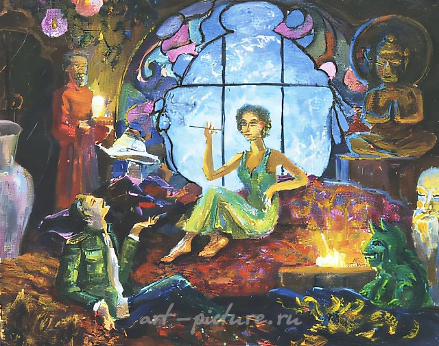 D.Nebogatov. Opium smokers, 1996, oil on canvas upon cardboard, 40х50 Privat collection. Russia