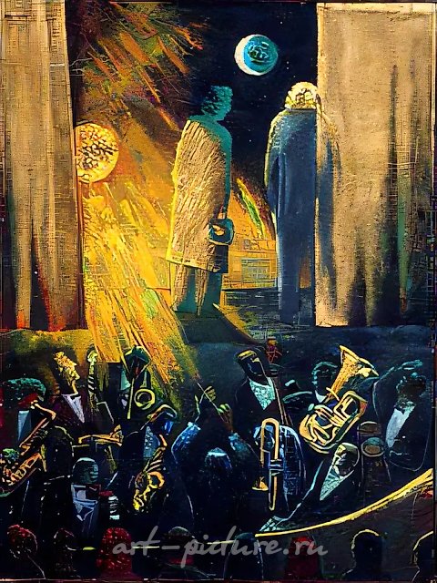 Сцена из Фауста. «Нескучный бес», 1988, масло, бронза на холсте и картоне, 200x150. Собственность автора