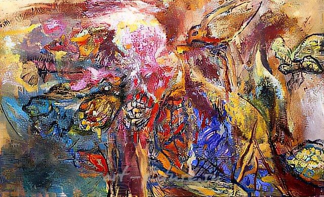 Натюрморт с цветами, 1996, масло, бронза на холсте и картоне, 70x120. Собственность автора