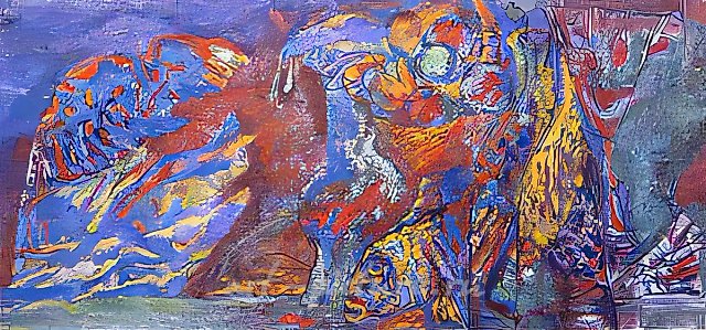 Натюрморт с фруктами и рыбой, 1994, масло на холсте и картоне, 70x180. Собственность автора