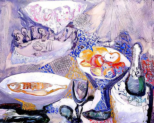 Скромное обаяние буржуазии, 1989, масло, графитный карандаш, алюминиевая пудра на картоне, 80x100. Собственность автора