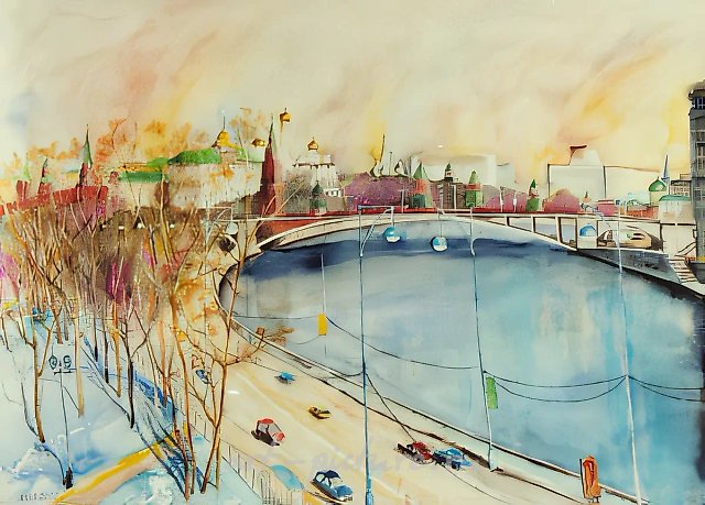 莫斯科。从基督救世主大教堂看克里姆林宫，2001年，纸本，水彩，50×70厘米，私人收藏，美国。
