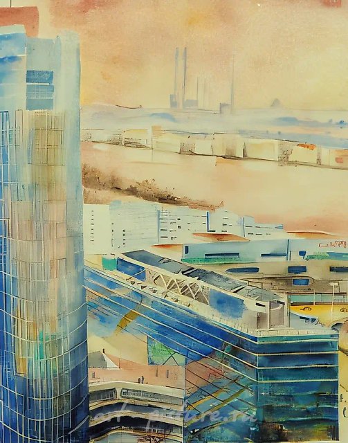 维也纳。多瑙城，2001年，纸本水彩，62x49，作者收藏