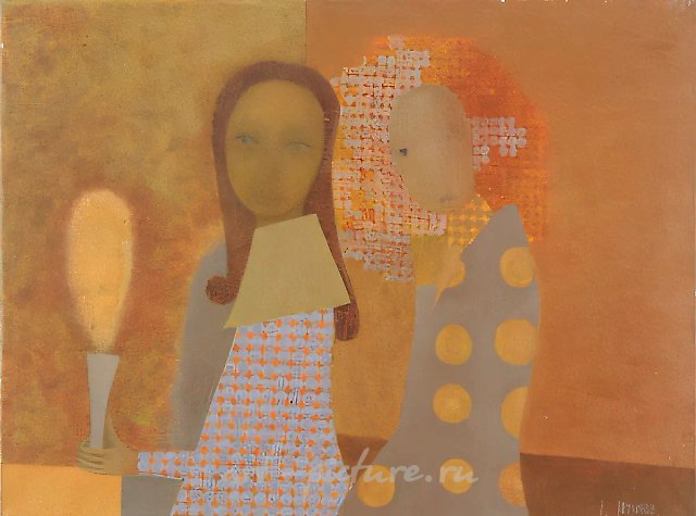 Черная девочка, белая девочка, 1996, холст, смешанная техника, 60х81 см В собрании Галереи Герцева, Москва.