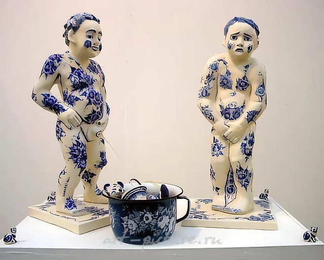 Project Our boy restrains himself, 2003, faience, cobalt painting,