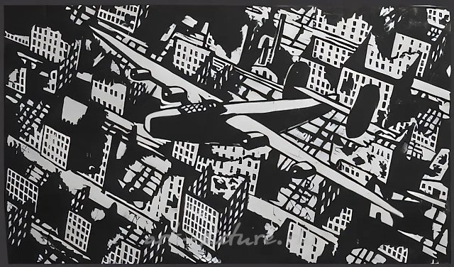 Бомбардировщик над Москвой, 2001, ксилография на бразильской фанере, 83x140