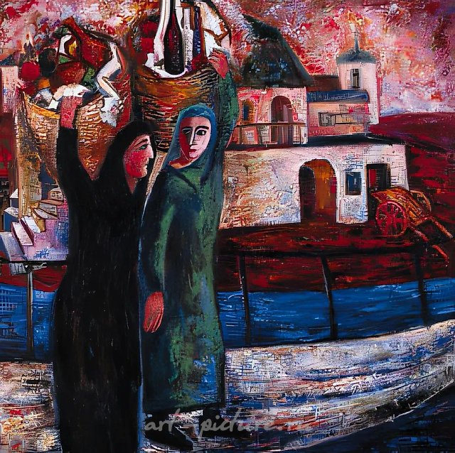 带有水果篮的格鲁吉亚妇女，1999年，布面油画，90x80