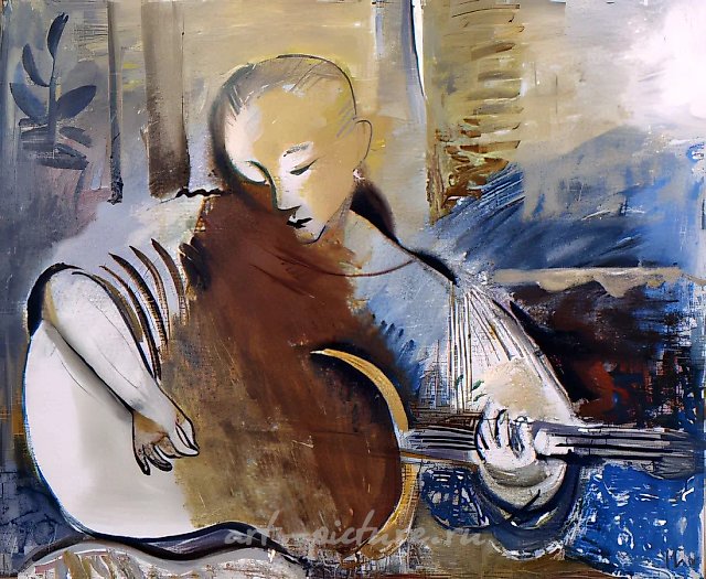 Девочка с гитарой, 1990, холст, масло, 80х90. Собственность автора