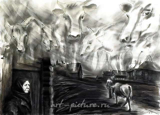 Milkmaid Shura, 1989, ink, pastel, sauce, pencil, 47x64