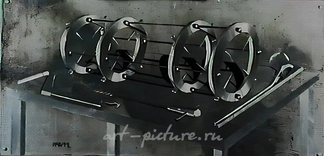 Без названия, 1991, металл, паркетный лак, масло, 70х120