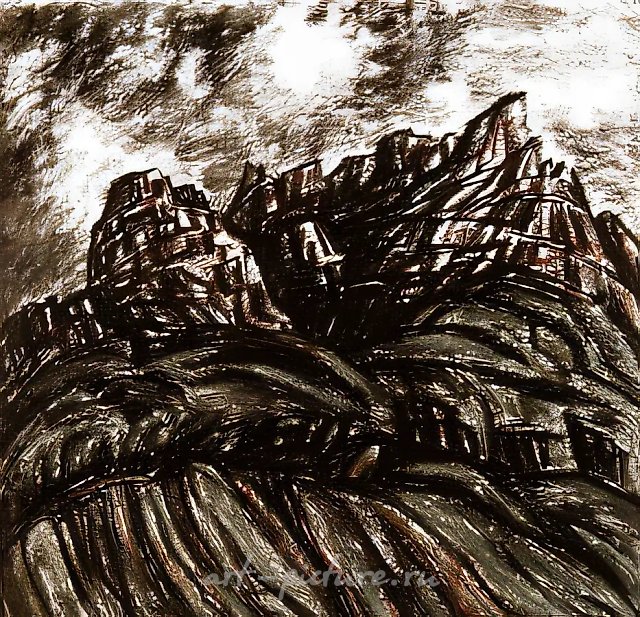 Красные скалы, 1990, соус, сангина, 60x60, $200