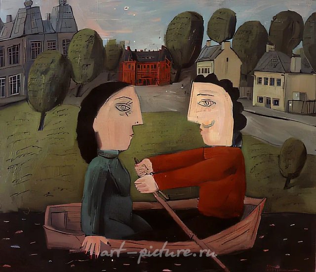 在小船上，1990年，布面油画，105×120厘米