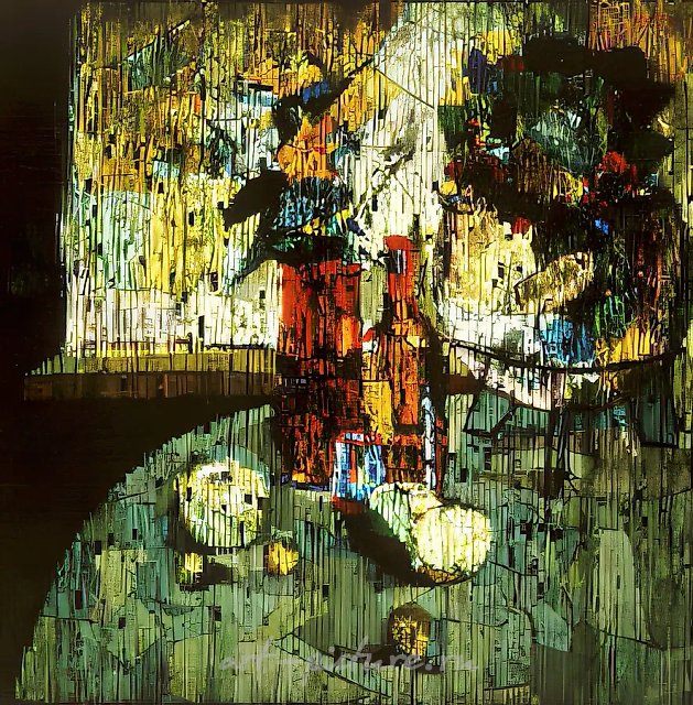 乡村静物，1988年，粘合三层玻璃彩绘，80x80厘米。私人收藏。斯德哥尔摩。