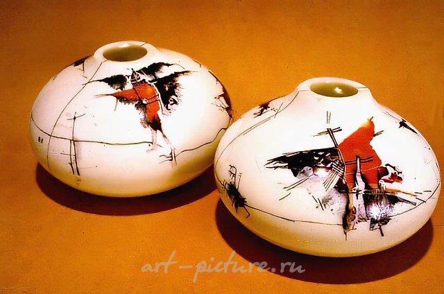 Vases, 1990, milky glass, painting, h - 20 cm Private collection