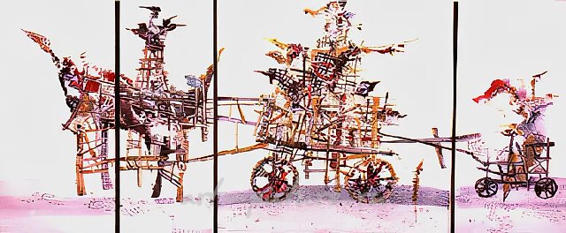 Decorative screen "Big cart", 1992, glass, painting, metal,   Author`s property